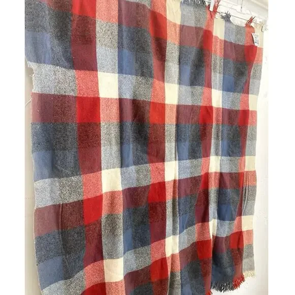Faribault Woolen Mill Blanket Throw Plaid Fringed Blue Orange Cream FLAWS USA Wo - Picture 3 of 11